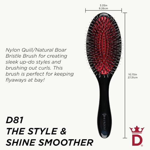 Denman Style & Shine Smoother Hairbrush with Soft Nylon Quill Boar Bristles - For Smoothing, Detangling, Straightening Hair - D81M Medium Black