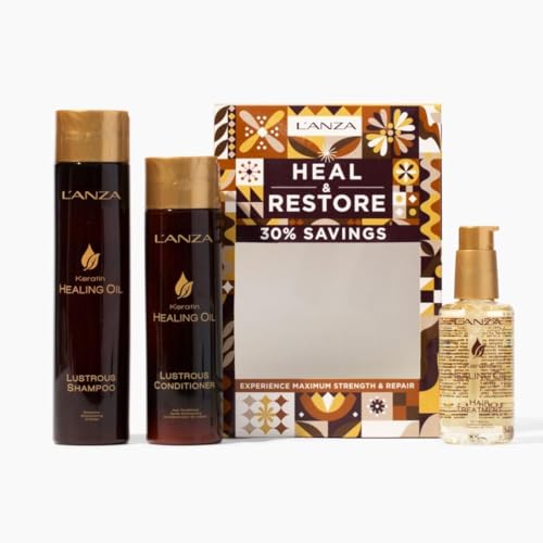 L'ANZA Keratin Healing Oil Trio Hair Kit, Restorative Lustrous Shampoo, Conditioner & Keratin Oil Treatment Serum in a Gift Box, Luxury Hair Care Kit For Dry, Damaged Locks (10.1/8.5/3.4 Fl Oz)