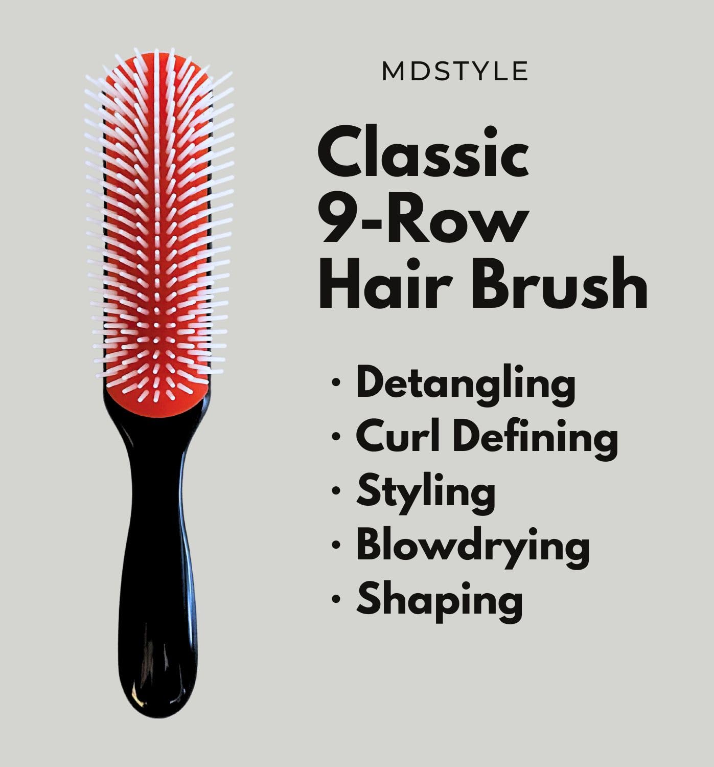 Brosse à cheveux MDSTYLE pour cheveux bouclés, épais, ondulés et frisés - Définition des boucles, démêlage, coiffage, brushing, mise en forme - Brosse démêlante 9 rangs pour femmes et hommes - Sèche ou humide (Noir, petit format, 1 pièce)