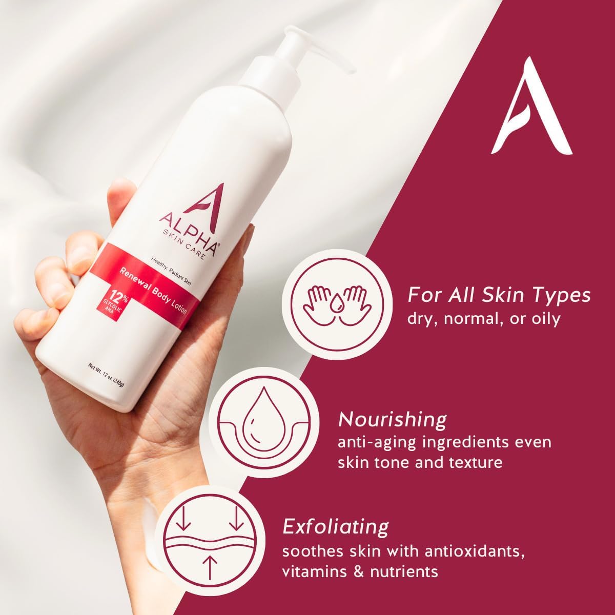 Lotion revitalisante pour le corps Alpha Skin Care avec 12 % d'AHA glycolique, hydratant quotidien multi-usages simple et efficace, hydrate et exfolie avec anti-âge, 12 oz