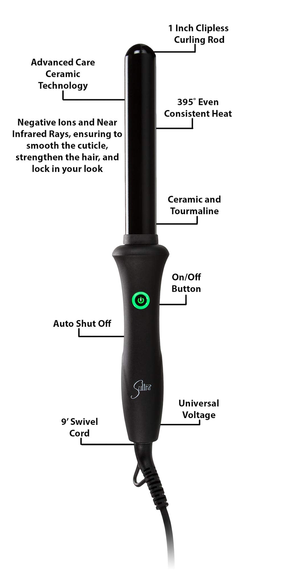 Sultra The Bombshell Rod Curling Iron, 1 Inch with Protective Heat Glove