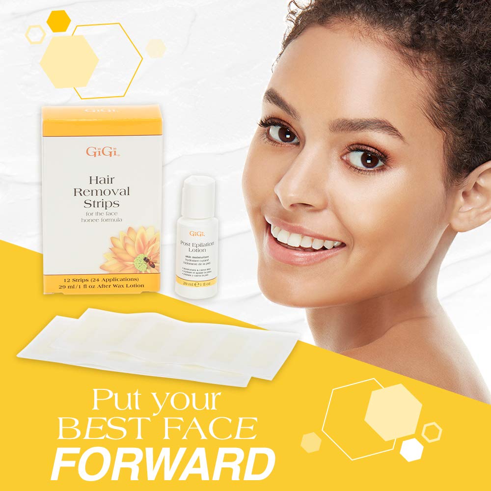 GiGi 面部脱毛蜡纸,预涂 GiGi 多功能蜂蜜配方,女士面部脱毛套装,12 条装 + 脱毛后乳液