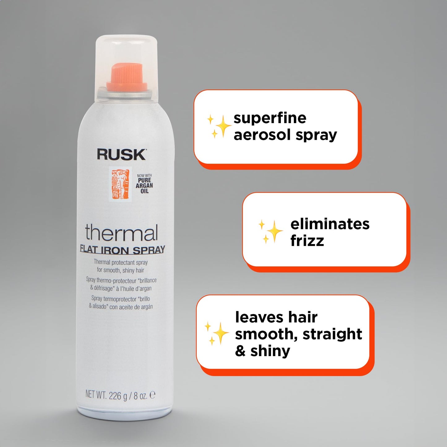 Spray pour fer plat thermique RUSK Designer Collection à l'huile d'argan, spray micro-fin, élimine les frisottis, laisse les cheveux lisses et soyeux, 237 ml