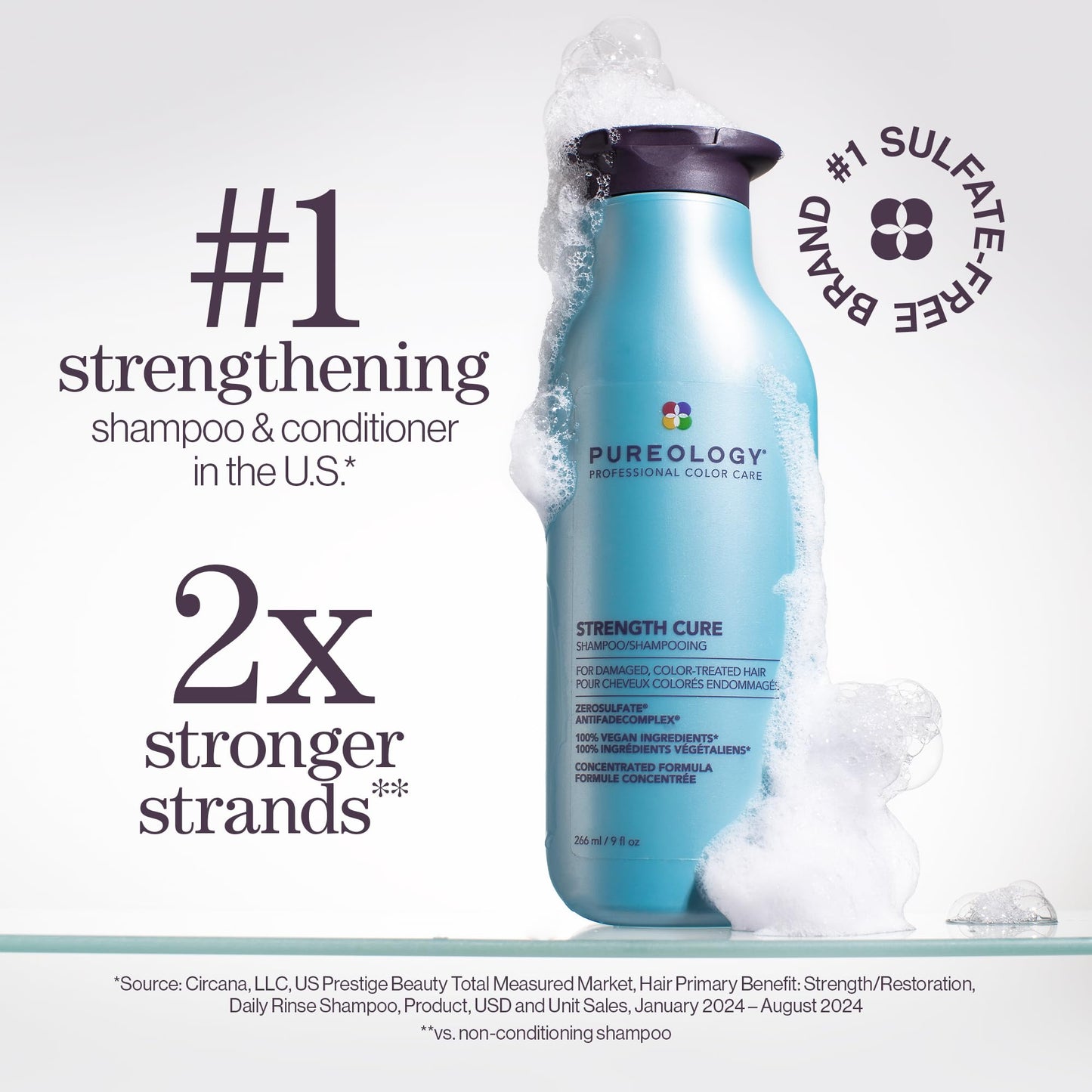 Pureology Strength Cure Shampoo - For Damaged or Color Treated Hair, Strengthens & Prevents Breakage, Seals Split Ends, Vegan & Sulfate-Free, 9 Fl Oz
