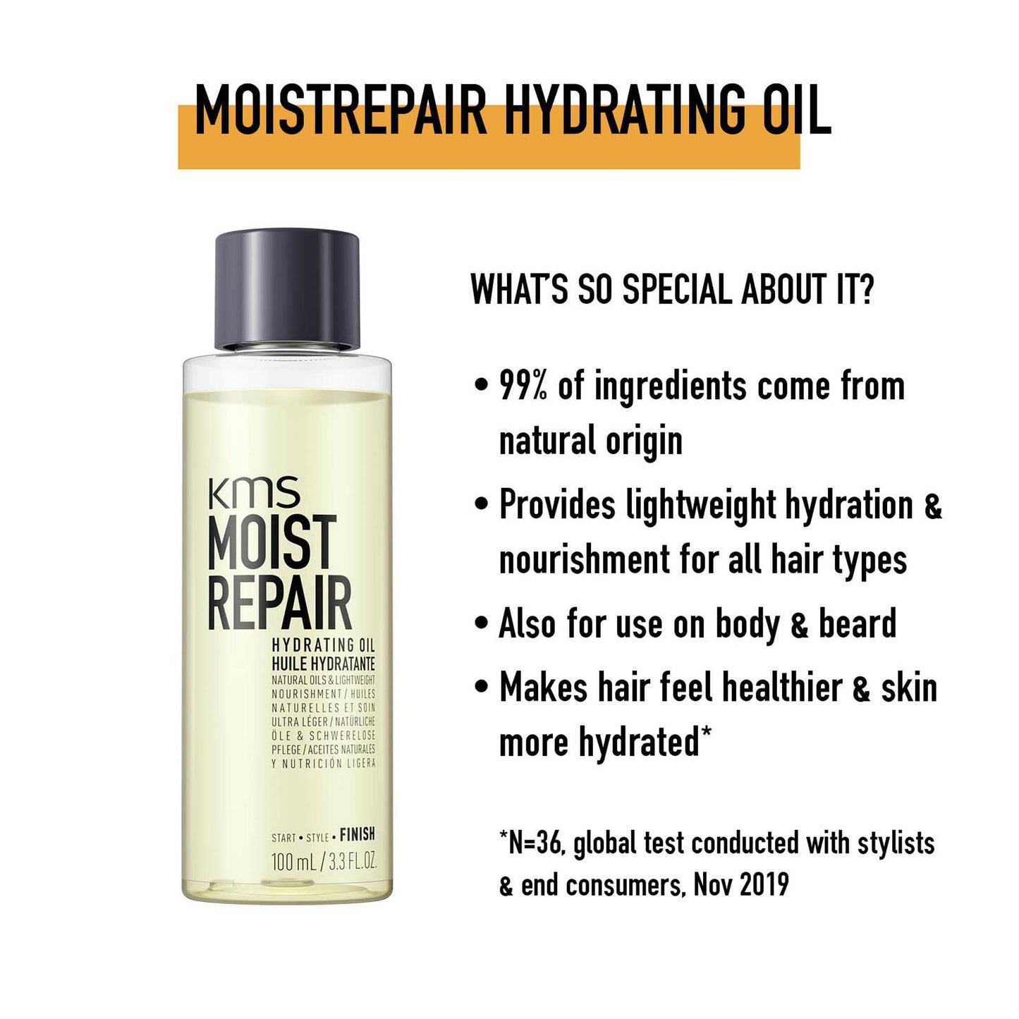 KMS MOISTREPAIR Huile hydratante pour cheveux, barbe et peau, 3,3 oz.