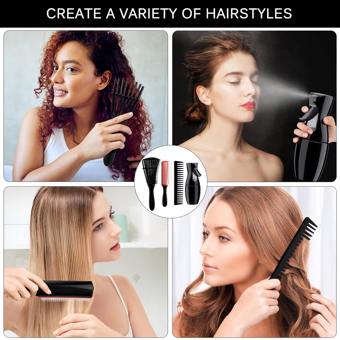 4pcs Curly Hair Brush Set for Adult & Kids, Wet or Dry, Detangling with Spray Bottle, Wide Tooth Comb (3+1, Red)