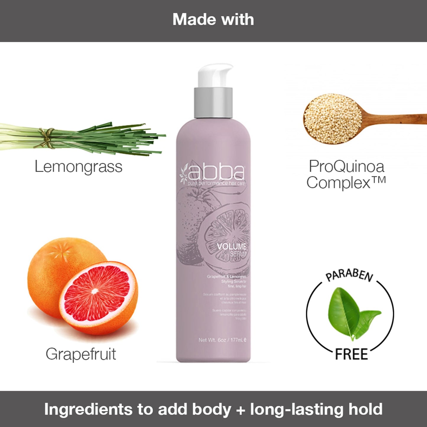 ABBA Volume Serum, Grapefruit & Lemongrass, 6 Fl Oz (Pack of 1)