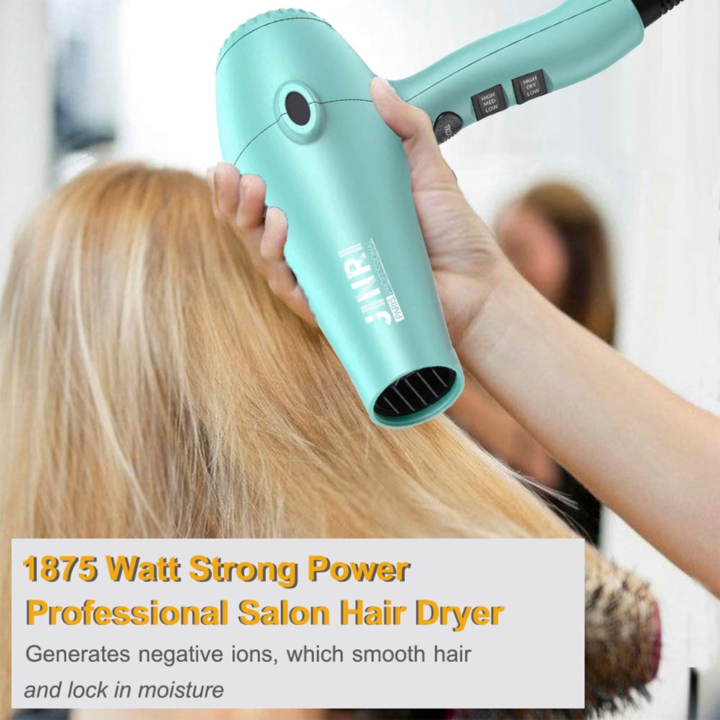Sèche-cheveux ionique 1875 W, séchage rapide, faible bruit, professionnel, avec diffuseur/concentrateur pour cheveux bouclés et lisses (vert menthe)