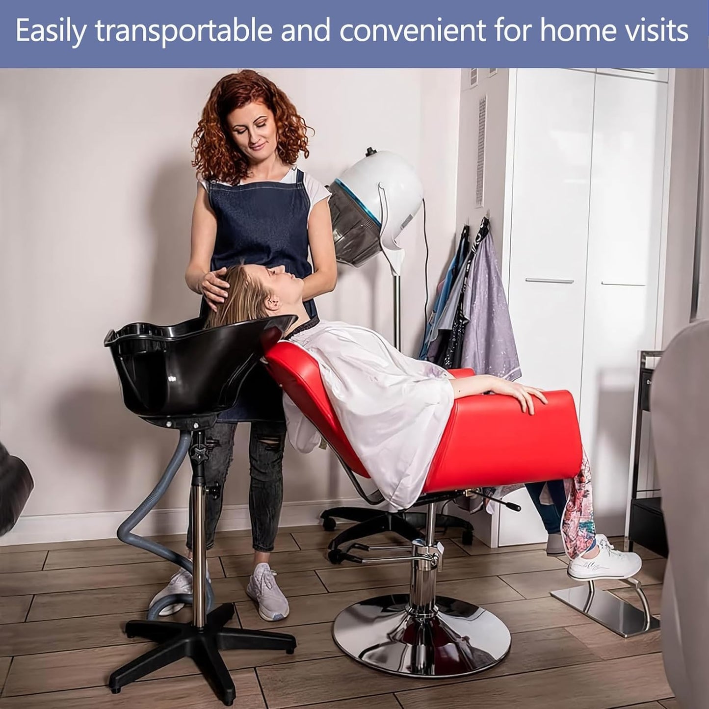 Height Adjustable Portable Shampoo Sink with 270° Rotation, Deep Hair Washing Basin & Drain Hose for Home/Salon - Black