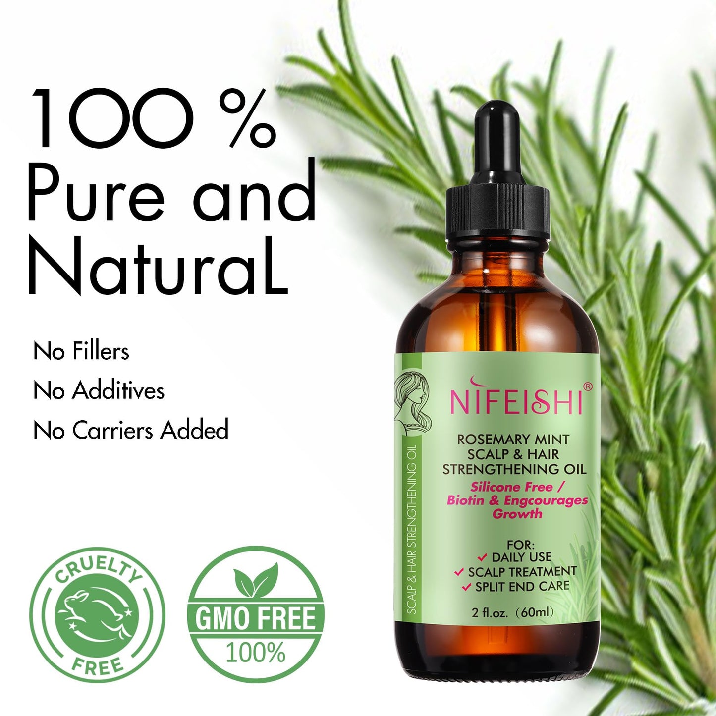 Bieyoc Rosemary Oil, 100% Pure Natural for Hair Growth, Treatment For Damaged & Dry Skin hair, Cold Pressed Oil For Growth, Eyebrows, Eyelashes, Nails and Skin(60ml)