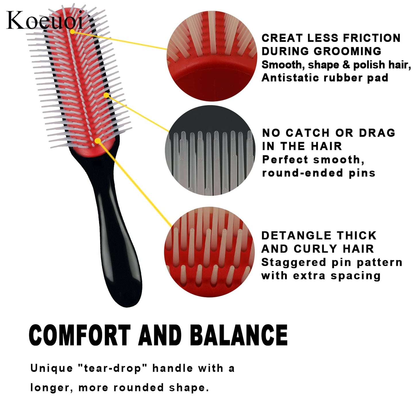 Brosse à cheveux bouclés Koeuoi Classic Styling. Brosse noire à 9 rangs pour démêler, séparer et modeler. Pour femmes et hommes, cheveux secs ou mouillés.