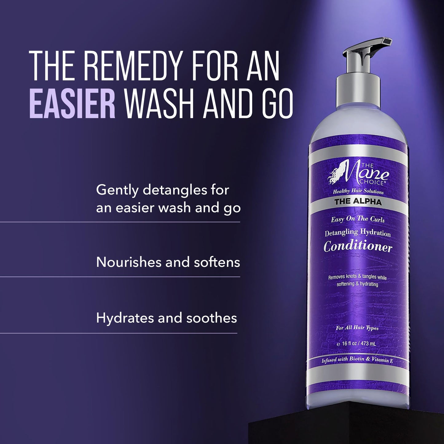 The Mane Choice The Alpha Easy On The Curls Après-shampoing hydratant pour cheveux bouclés, après-shampoing démêlant nourrissant enrichi en biotine et vitamine E, sans sulfate ni parabène, 473 ml