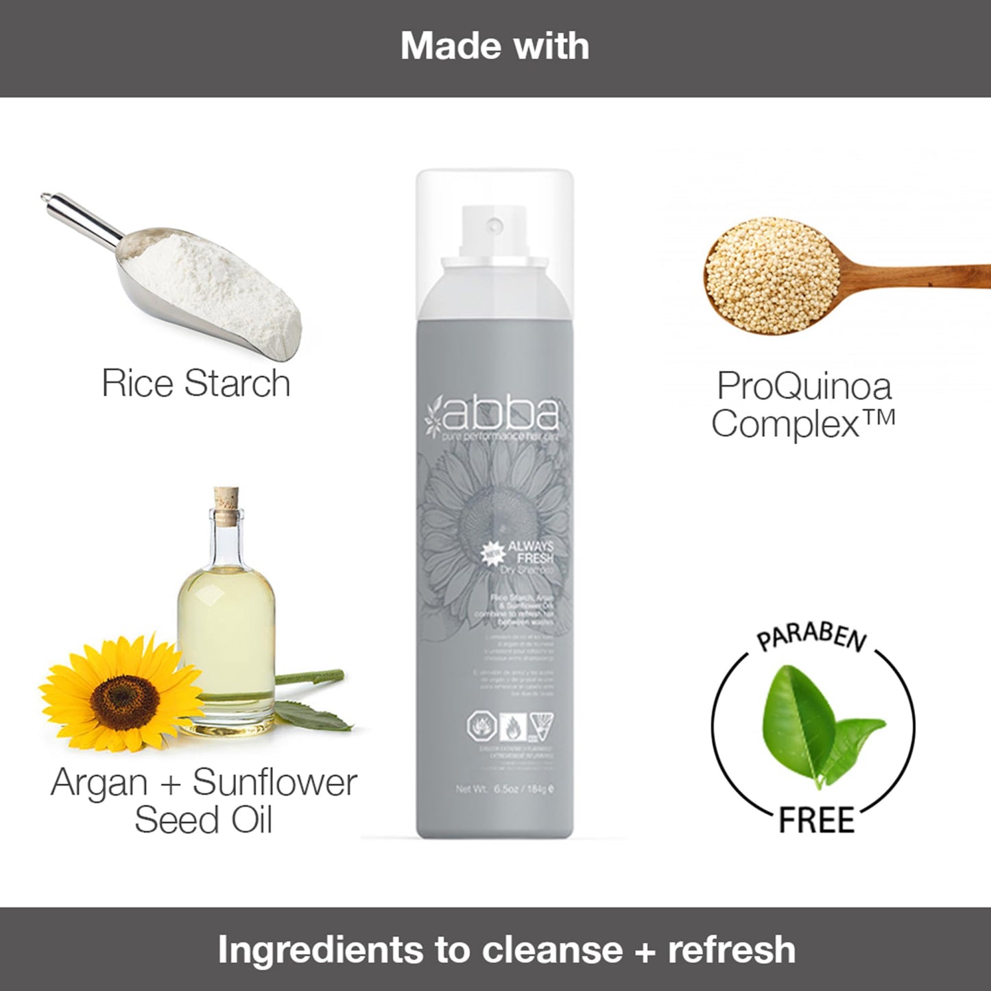 ABBA – Shampoing sec Pure Specialty Always Fresh – Amidon de riz, huiles d'amande et de tournesol, 6,5 fl oz