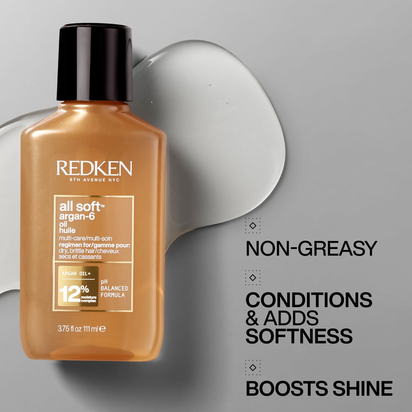 Soin capillaire Redken All Soft à l'huile d'argan pour cheveux secs : huile hydratante, nourrit les cheveux en profondeur, apporte douceur et brillance.