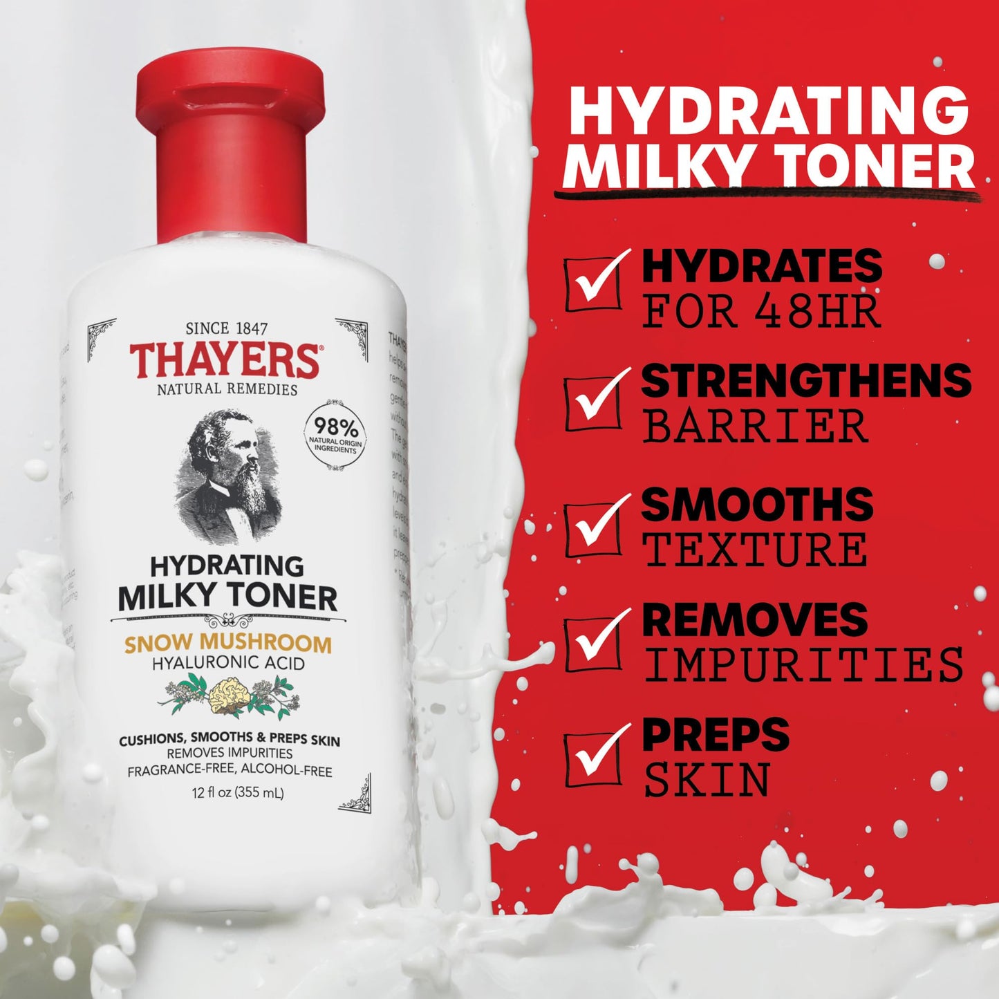 THAYERS Milky Face Toner Skin Care with Snow Mushroom and Hyaluronic Acid, Natural Gentle Facial Toner, for All Skin Types, 355ml