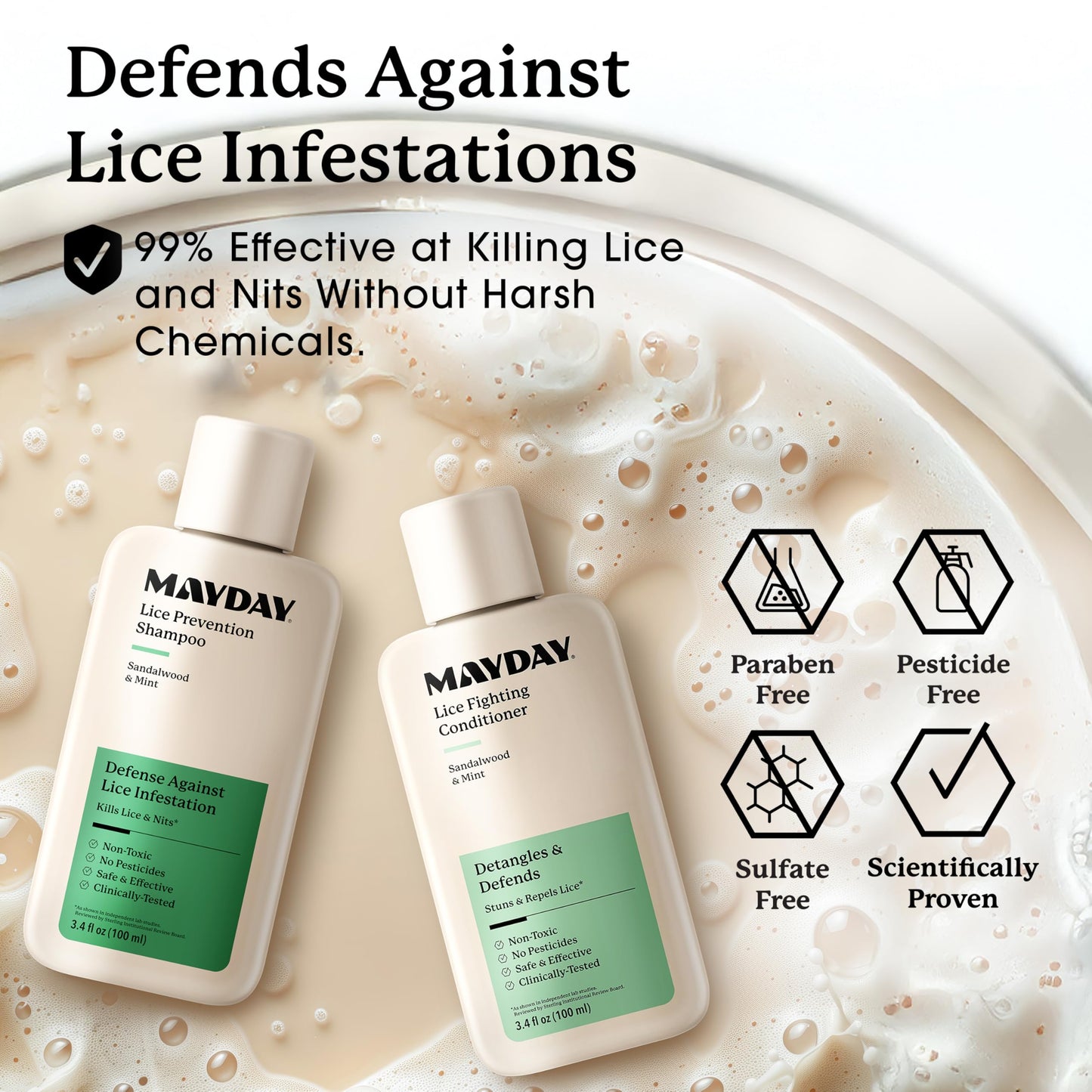 MAYDAY 3.4oz Lice Prevention Shampoo & Lice Fighting Conditioner Bundle - Sandalwood & Mint, Non-Toxic, Pesticide-Free, Scientifically Proven Treatment & Defense Against Lice, Safe for All Hair Types