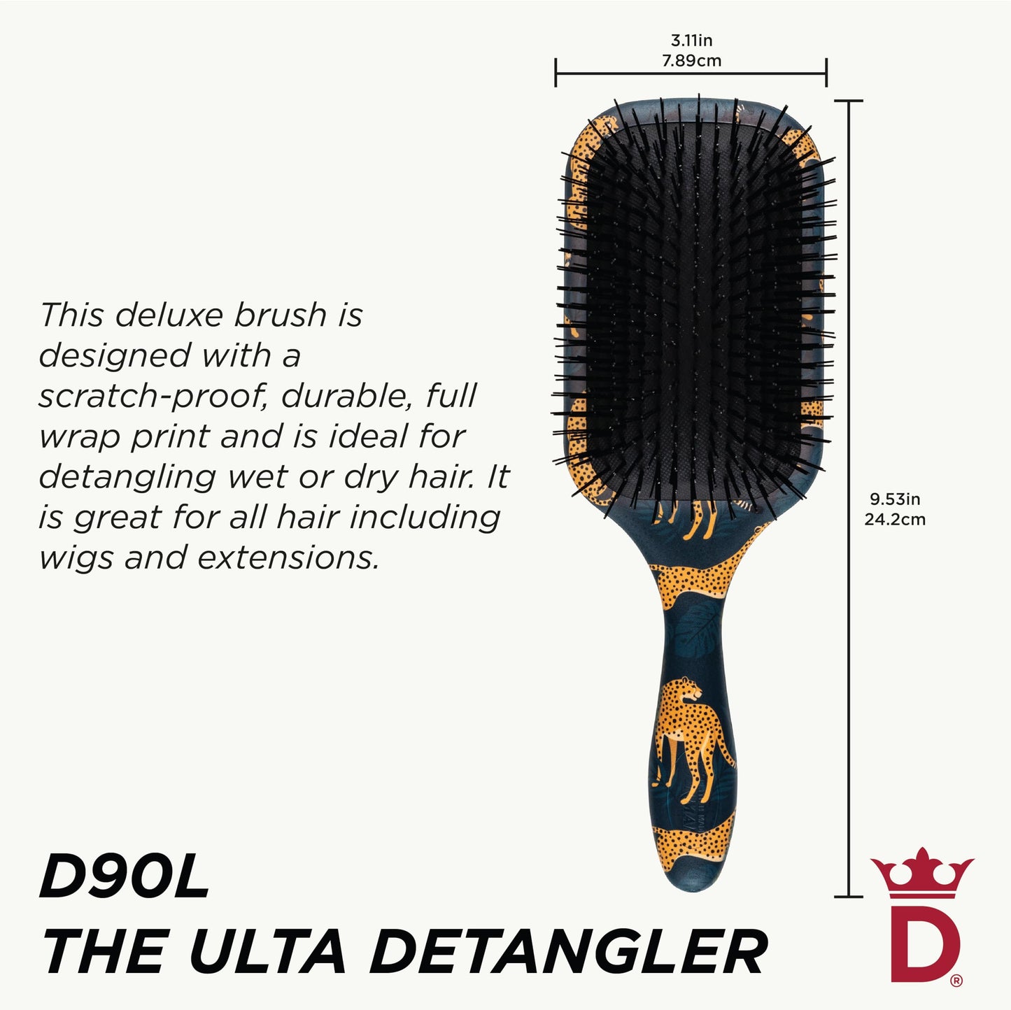 Denman Ultra Detangler Paddle Hairbrush, Best for Long Hair, Wigs and Extensions for Tug Free Detangling - (Leopard) D90L