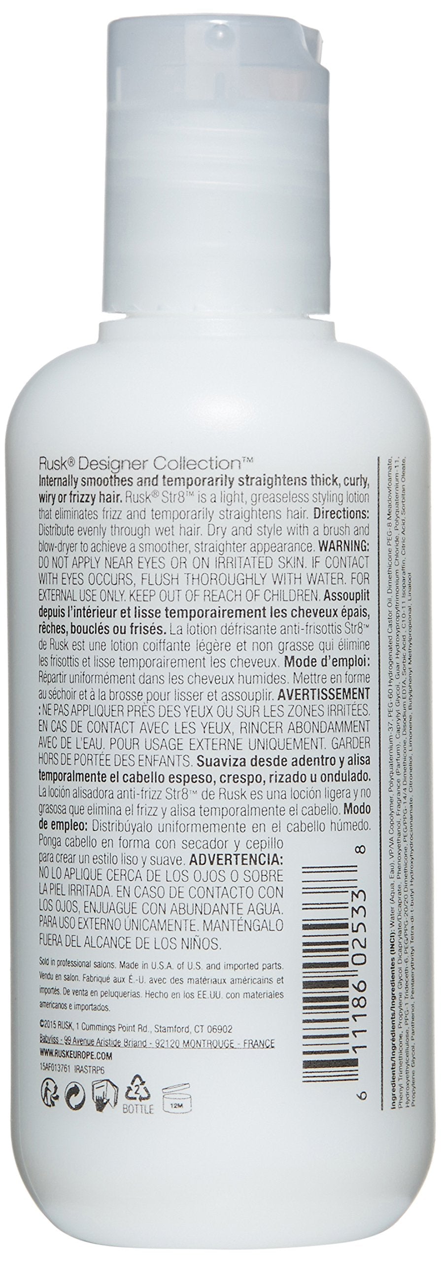 RUSK Designer Collection Str8 防毛躁防卷发乳液,轻盈、无油,暂时消除卷曲,白色 6 盎司