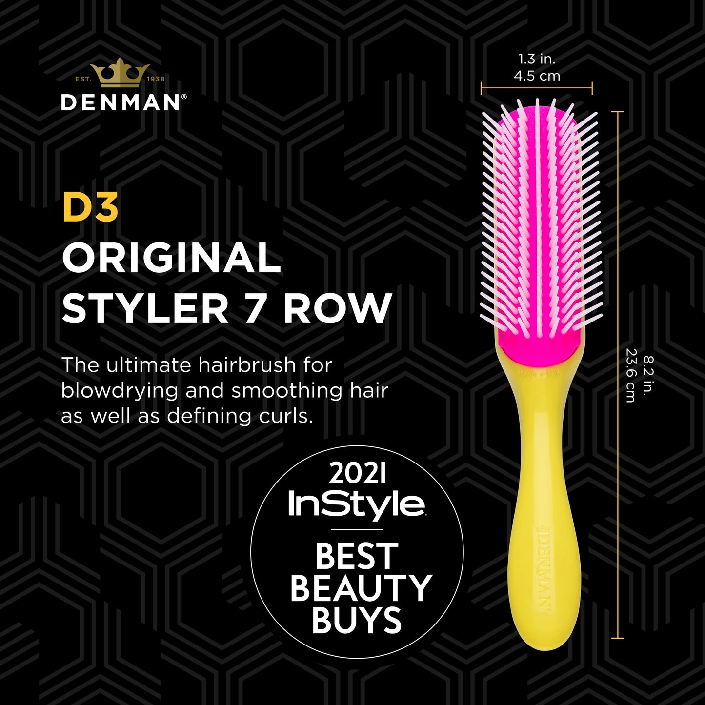 Denman Hair Brush for Curly Hair D3 (Honolulu Yellow) 7 Row Styling Brush for Blow-Drying