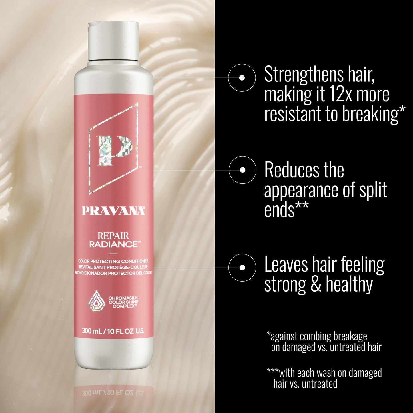 Pravana Repair Radiance Conditioner | Restores, Moisturizes, Nourishes | For Damaged, Color Treated Hair | Reduces Breakage & Split Ends | Chromasilk Enhances Shine & Protection | Vegan | 10 Fl Oz