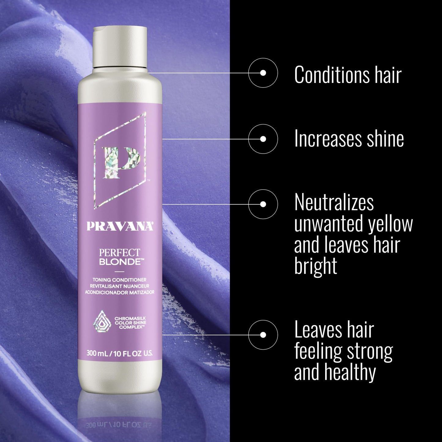 Pravana The Perfect Blonde Purple Toning Conditioner | Neutralizes Brassy, Yellow Tones | For Color Treated Hair | Chromasilk Enhances Shine & Protection | Vegan, Paraben & Sulfate Free | 10 Fl Oz