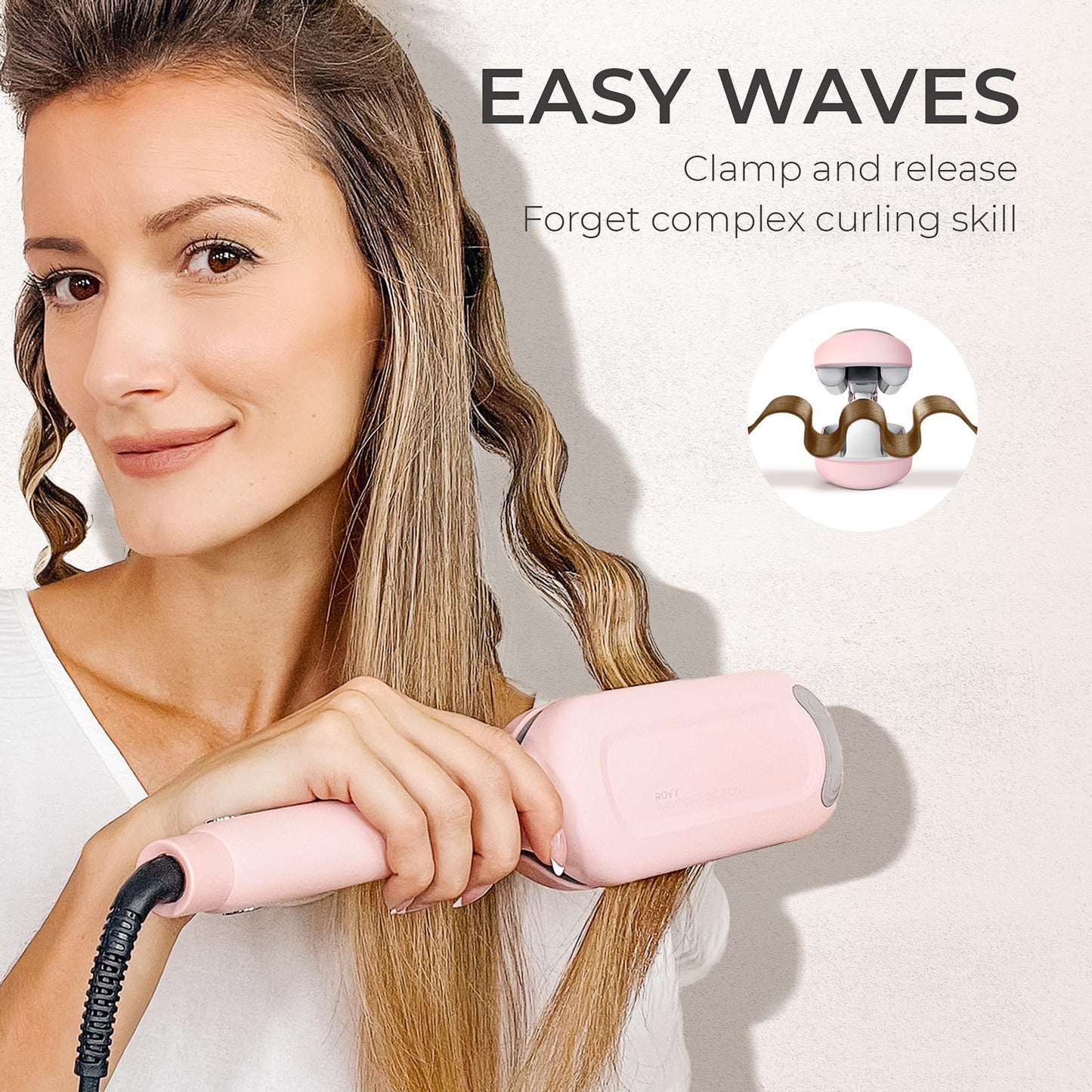 Fer à boucler TYMO ROVY Beach Waves, fer à boucler ionique à 3 barils en céramique pour femmes, double tension, anti-brûlure, facile à utiliser, rose, 1,25 pouce