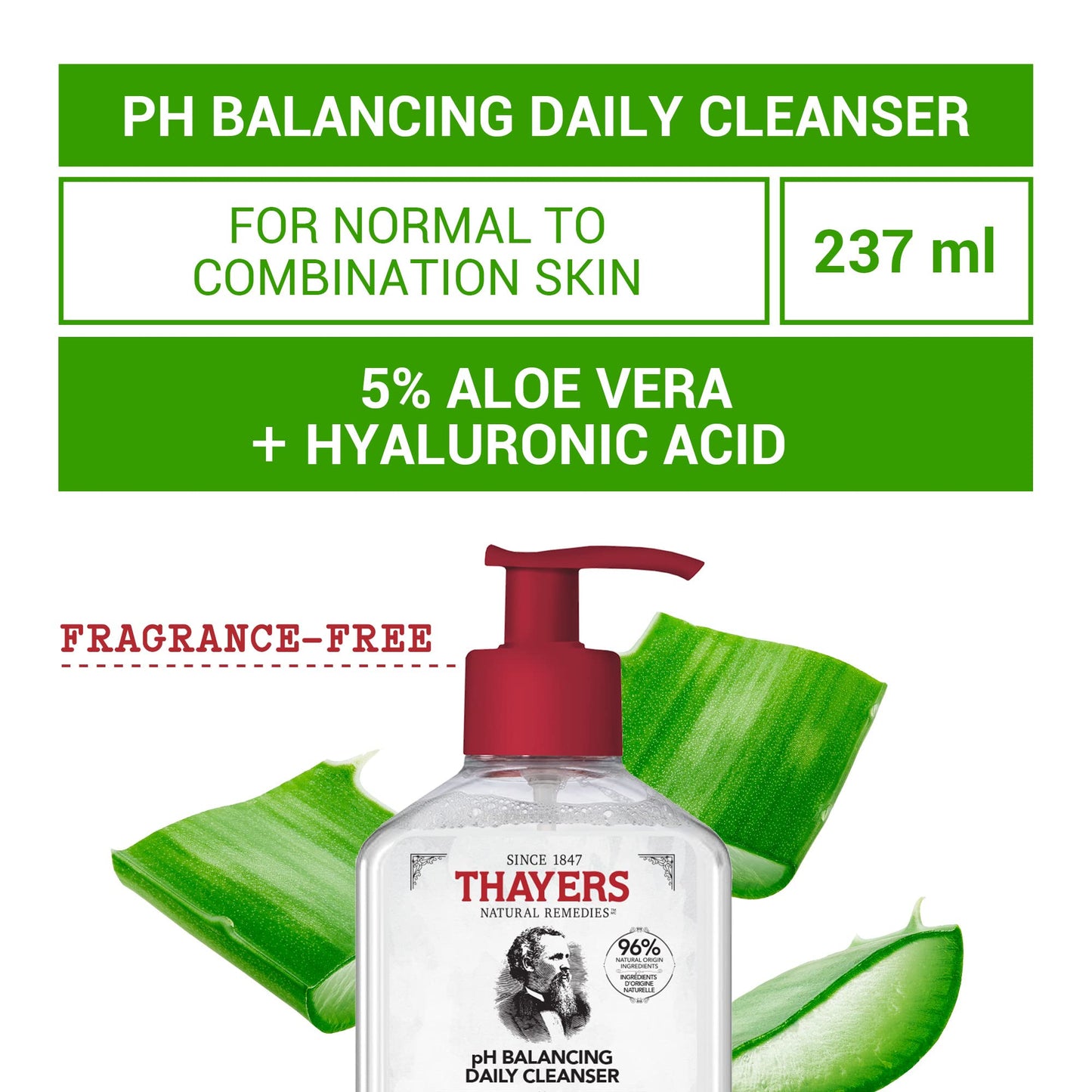 THAYERS pH Balancing Daily Cleanser, Face Wash with Aloe Vera, Gentle and Hydrating Skin Care for Dry, Oily, or Acne Prone Skin, 237ml