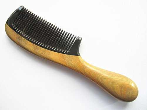 Myhsmooth Gb-yb-nt Handmade No Static Black Buffalo Horn Comb with Green Sandalwood Handle (Rounded)