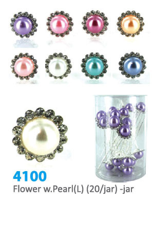 4100 Flower w.Pearl (L) Stone Hair Pin (20/Jar)