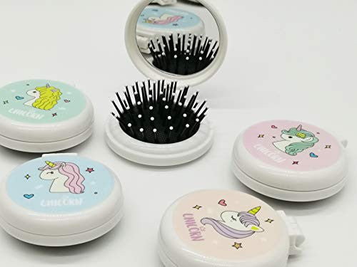 独角兽发刷,迷你折叠发刷,带小巧化妆镜,湿卷长毛躁浓密粗发造型丰盈按摩梳,可折叠便携式,适合女性女孩旅行,顺发刷