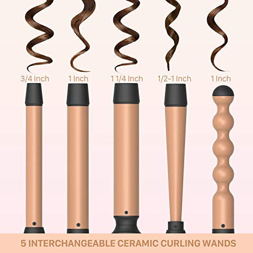 PARWIN PRO Ensemble de baguettes à friser 5 en 1 avec 5 fers à friser en céramique interchangeables (0,5'' à 1,25'') - Ensemble de bigoudis double tension pour cheveux avec gant résistant à la chaleur (5 en 1)