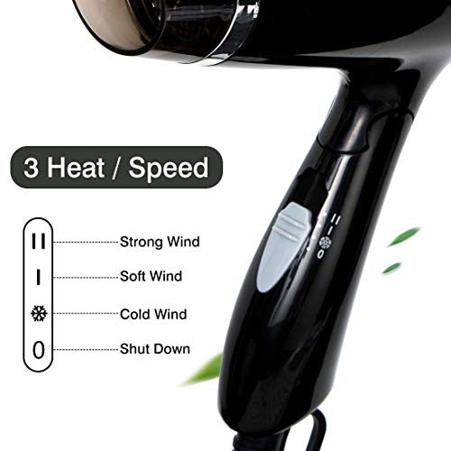 Sèche-cheveux pliable, compact, portable, professionnel, ionique négatif, faible bruit, 3 réglages de chaleur, mini sèche-cheveux léger 20,3 x 17,8 cm pour homme et femme