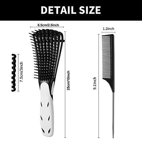2 Pieces Detangler Brush 4c Hair Set with Rat Tail Comb for Curly Hair Detangler for Afro America Afro Textured 3a to 4c Kinky Wavy, for Wet/Dry/Long Thick Curly Hair (Black and White)
