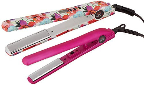 CHI Smart Gemz 粉色花卉锆钛放大 1 英寸数码发型熨斗和 Chi Smart Magnify 3/4 英寸发型熨斗,带便携包和发夹,1.340