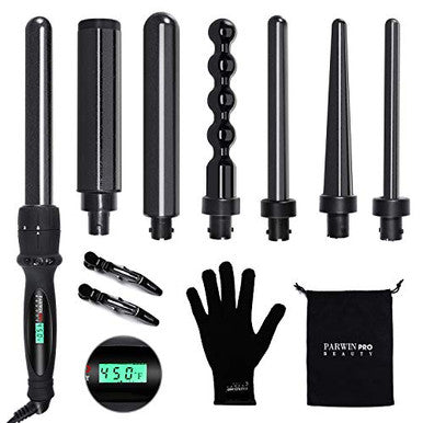 PARWIN 7 in 1 Professional Curling Iron Wand Set with Interchangeable Ceramic Barrels Hair Curler for All Hair with Heat Protective Glove and Hair Clips, Heat Up Fast, Dual Voltage