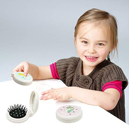 Unicorn Hair Brush, Small Round Pop Up Hair Brush with Compact Mirror Hair Massage Detangling Plastic Comb Blue Pocket Hairbrush Collapsible & Portable for Girls Women Makeup Travel, Fold Hair Brush