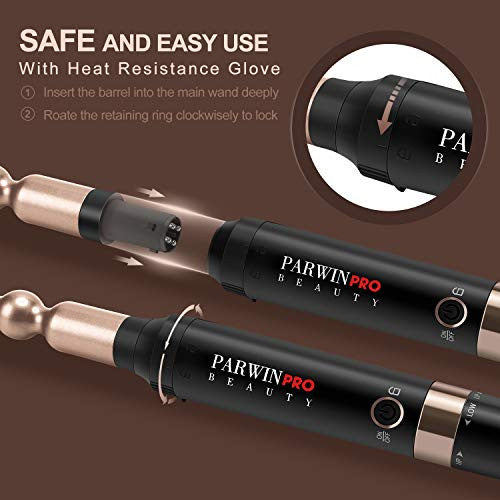 Curling Iron Wand Set 7 in 1, PARWIN Ceramic Curling Wand Set LED Temperature Adjustable with 7 Interchangeable Hair Wand Ceramic Barrels, Anti-scalding Tip (0.5'' to 1.25'') and Heat Resistant Glove
