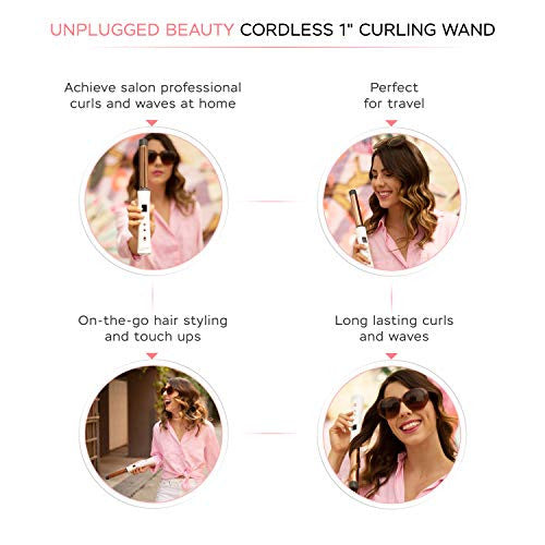 Unplugged Beauty Cordless 1 Inch Clipless Curling Wand – Hair Styling – Hair Styling Tools – Titanium Wand (White + Rose Gold)