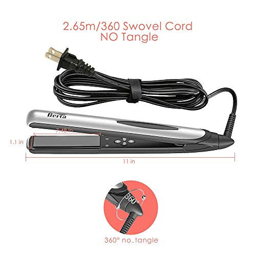 BERTA 1 Inch Ceramic Negative Ions Flat Iron, Professional Hair Straightener, Instant Heat with Adjustable Temperature 284-446℉, 360° Swivel Cord, 3D Floating Effect Panel Digital LCD Display, Silver