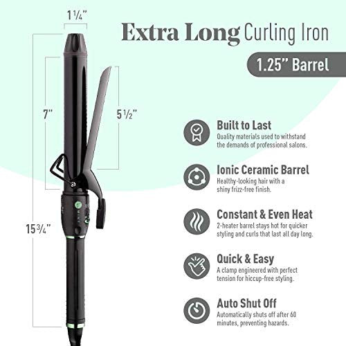 Professional Series Curling Iron 1 1/4 inch by MINT | Extra-Long 2-Heater Ceramic Barrel That Stays Hot. Hair Curler/Curl Former for Medium to Large Curls. Travel-Ready Dual Voltage.