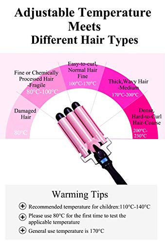 3 Barrel Curling Iron Hair Waver Crimper Hair Iron with LCD Temperature 176℉-446℉Display- Dual Voltage Beach Wave Iron Wavy Hair Curler, Ceramic Tourmaline Triple Barrel Curling Wand 1 Inch, Pink