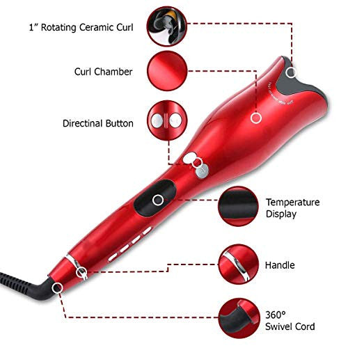 Bonsnail Automatic Ceramic Rotating Hair Curler,Rose Professional Air Spin N Curl Hair Curler for All Hair Types, LCD Digital Display, Red, US