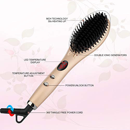 Brosse à lisser les cheveux 2.0, brosse à lisser ionique professionnelle SUNTOP, lissage et nettoyage rapides, peigne électrique anti-brûlure pour la maison et les voyages, style Nature (or)