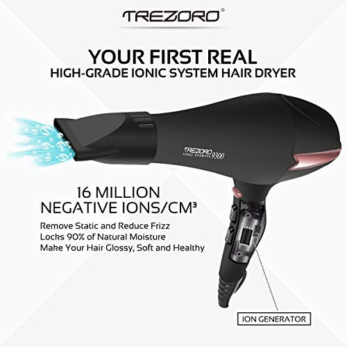 Sèche-cheveux ionique professionnel de salon, puissant sèche-cheveux en céramique tourmaline de 2200 watts, sèche-cheveux silencieux Pro Ion avec 2 accessoires de buse de concentrateur - meilleur corps doux au toucher/noir et or rose-1600920023