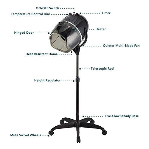 Dakavia Adjustable Ionic Hooded Hair Dryer Professional Stand up Bonnet Hard Hat Dryer on Wheels Salon Barber Beauty Hair Treatment Styling Equipment