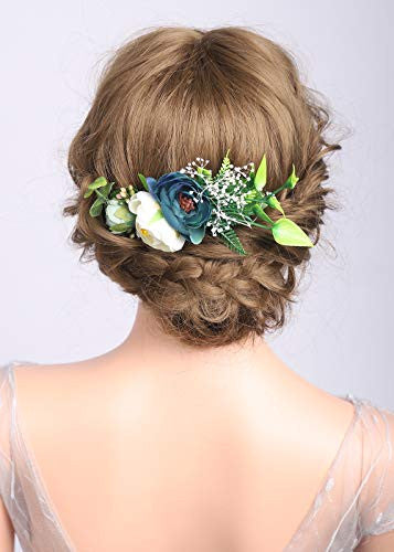 Denifery Champagne and Dark Blue Flower Comb Bridesmaid Headpiece Floral Hair Comb Rustic Bridal Comb Hair Clip with Flowers Wedding Accessories
