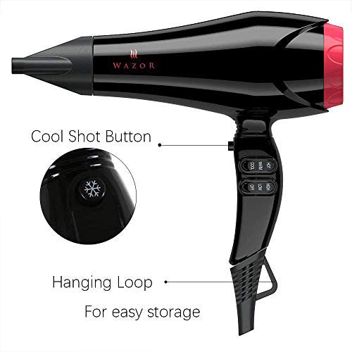Wazor Ionic Lightweight Hair Dryer 1875W Ceramic Powerful Blow Dryer Pro AC Motor for Quick Drying, 2 Speed / 3 Heat Settings, Concentrator