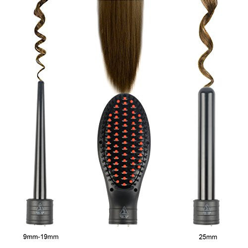 3 in 1 Curling Iron Set Curling Wand with Hair Straightening Brush and 2 Interchangeable Curling Wand Ceramic Barrels & Heat Protective Glove