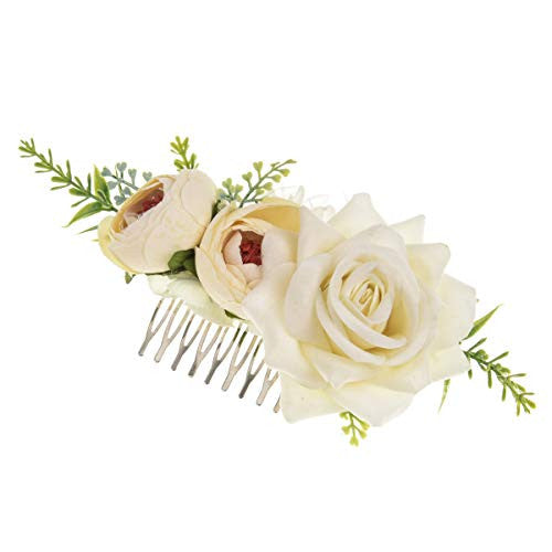 Vividsun Bridal Flower Comb Greenery Hair Comb Wedding Floral Headpiece (B/Rose White)