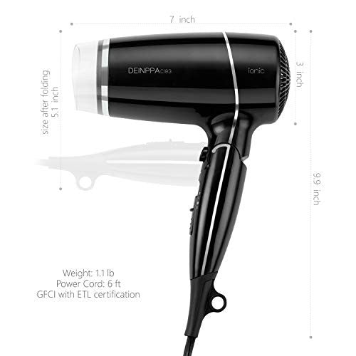 Deinppa Ionic Travel Hair Dryer Compact 1875 Watt Lightweight Blow Dryer with Folding Handle